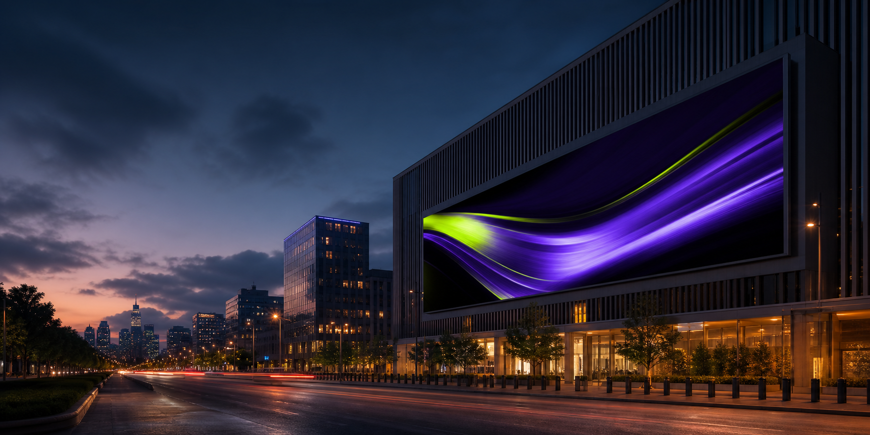 A national digital billboard displaying TIER Media Group colors at blue hour